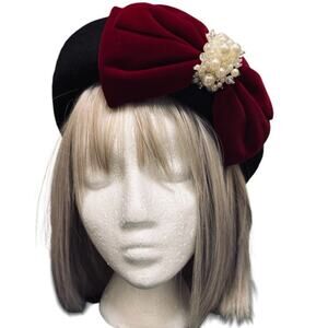 French Style Black Beret with Red Bow Pearl Ribbon Bow NWOT